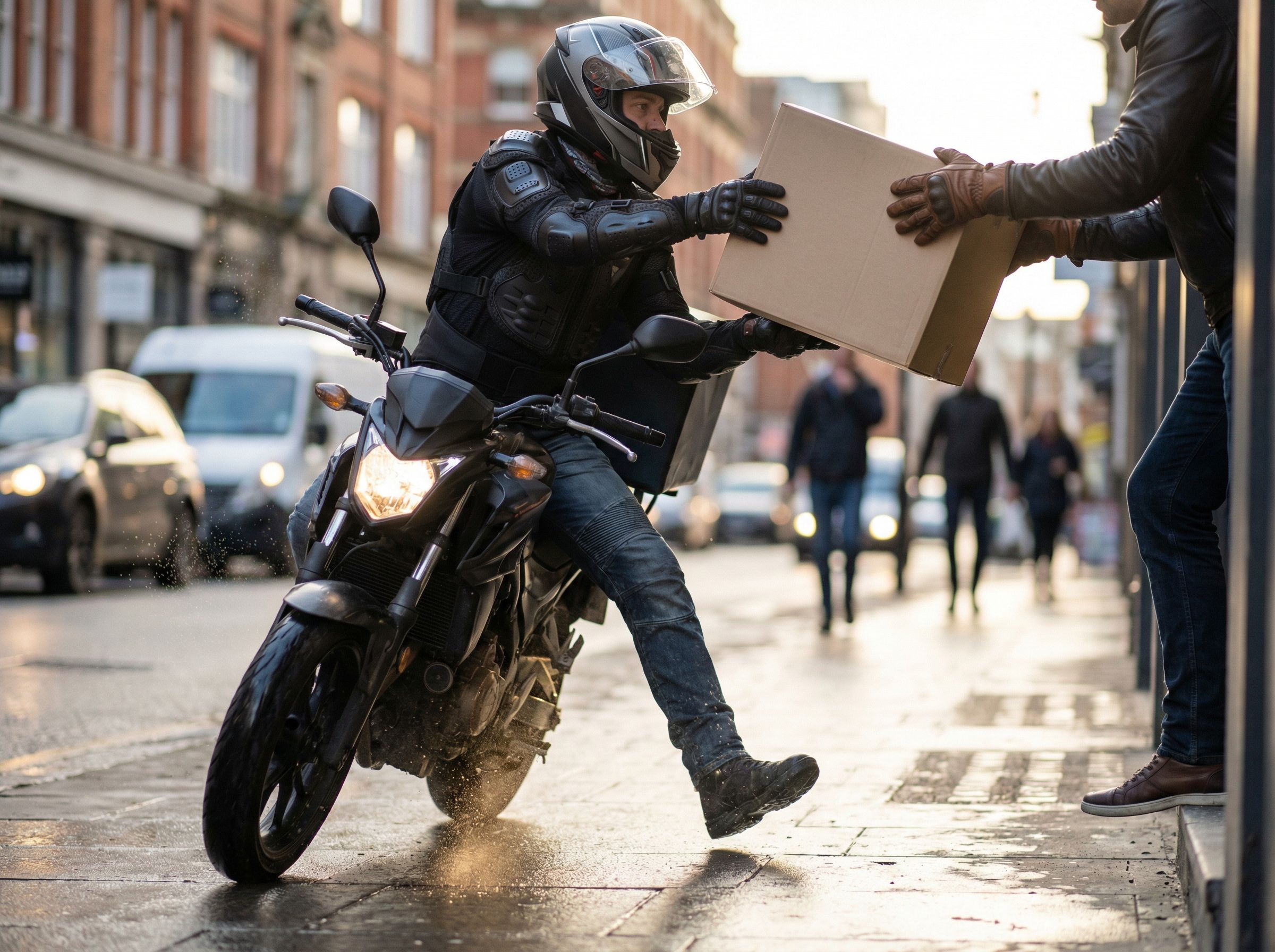 Three bikers with motorcycles against a backdrop of urban graffiti and a gritty brick wall.